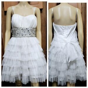 Deb Mini Dress White Silver Rhinestone Studded Formal Prom Juniors Size 11/12